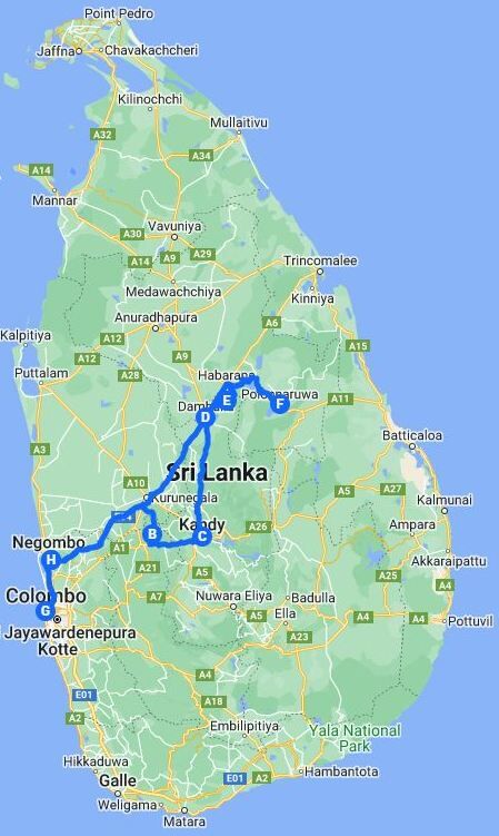 Google Map Sri Lanka Tour Itinerary - Pinnawala, Kandy, Dambulla, Sigiriya Polonnaruwa, Colombo