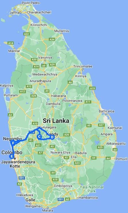 4 Days Sri Lanka Tour Itinerary Google Map - Negombo, Pinnawala, Kandy Colombo