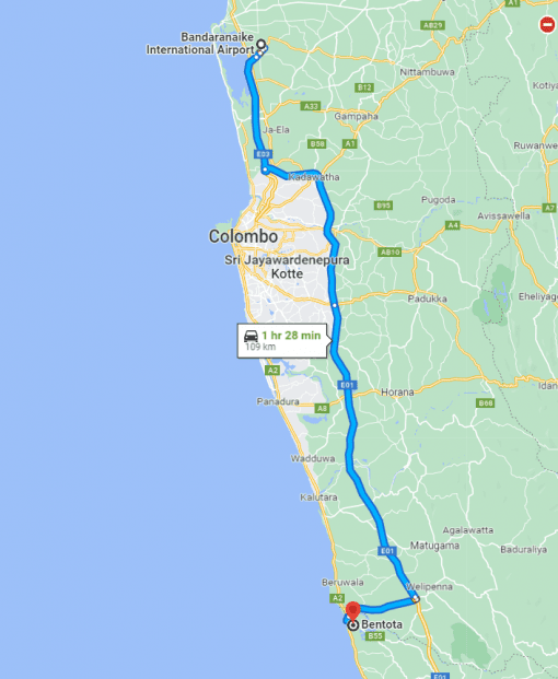 Colombo International Airport To Bentota Drop - Google Map Rout