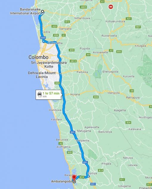 Colombo International Airport to Ambalangoda Transfer - Google Map Rout