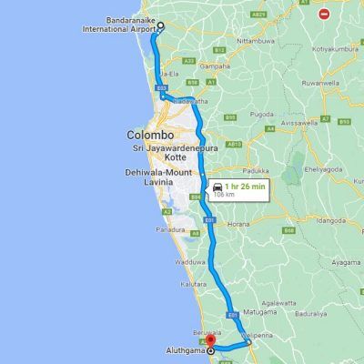 Colombo International Airport to Aluthgama Transfer - Google Map Rout