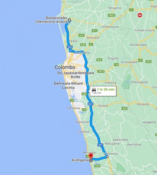 Colombo International Airport to Aluthgama Transfer - Google Map Rout