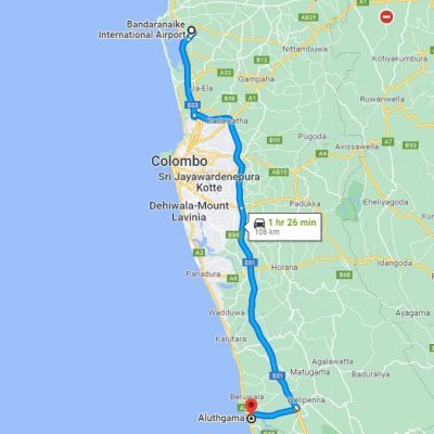 Colombo International Airport to Aluthgama Transfer - Google Map Rout