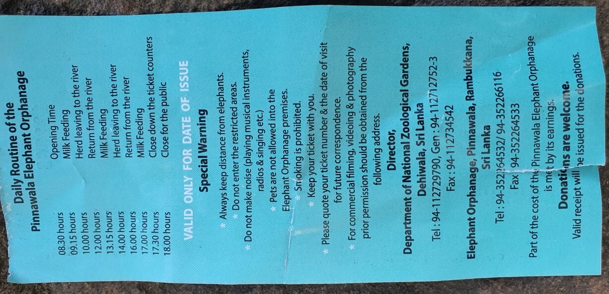 Pinnawala elephant orphanage food feeding event ticket back side Pinnawala elephant orphanage food feeding event ticket back side